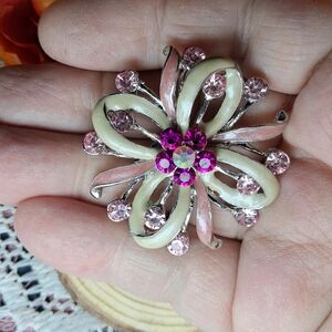 Pink & Cream Enamel Floral Brooch w/ Sparkly Accents